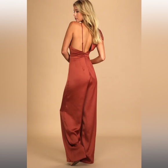 Lulu’s Look of Luxe Satin Jumpsuit Color- Rusty Rose Size- Extra Small - Picture 4 of 12